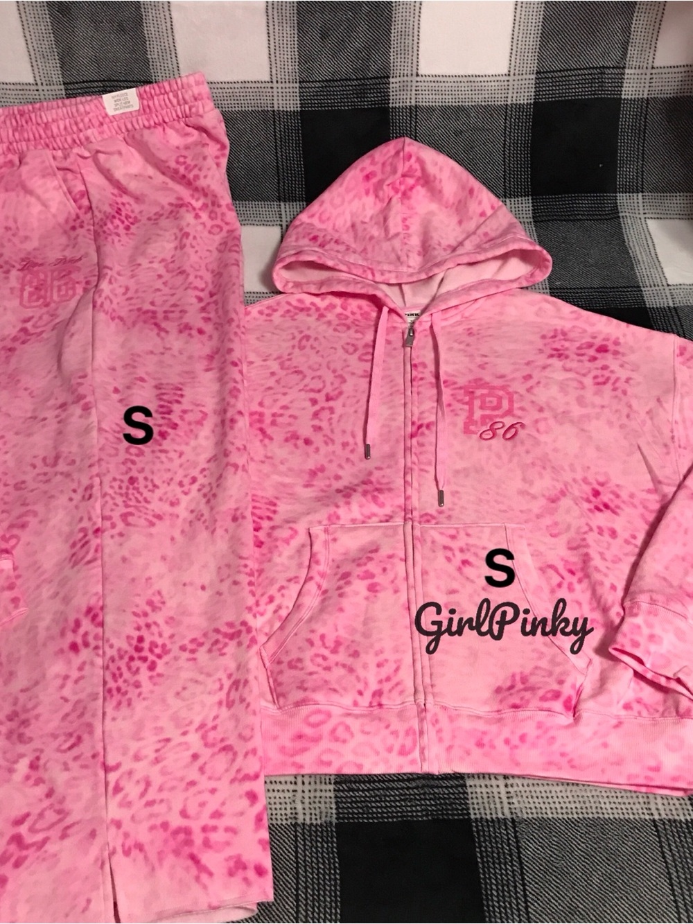 VS PINK IVY FLEECE CAMPUS FULL ZIP & SWEATPANTS PINK LEOPARD PRINT LOGO SMALL